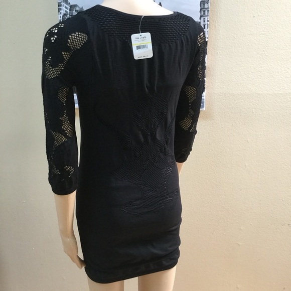 Free People Placed Cutwork Slip Black 3/4 Sleeve Bodycon Dress - Picture 4 of 9